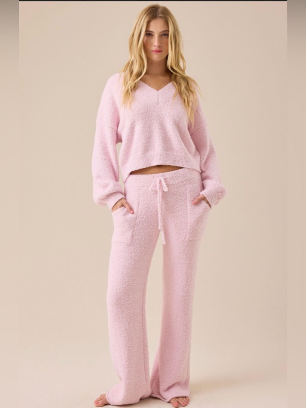 Altar'd State Blush Pink Plush V-Neck Sweater and pants loungewear set